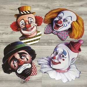 Vintage Beistle Die Cut Clown Faces Set Fun House Scary Halloween Circus  13"